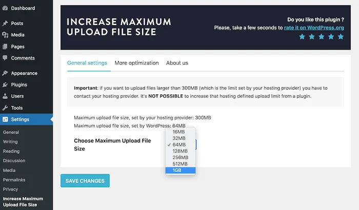 Increase Maximum Upload File Size eklentisi